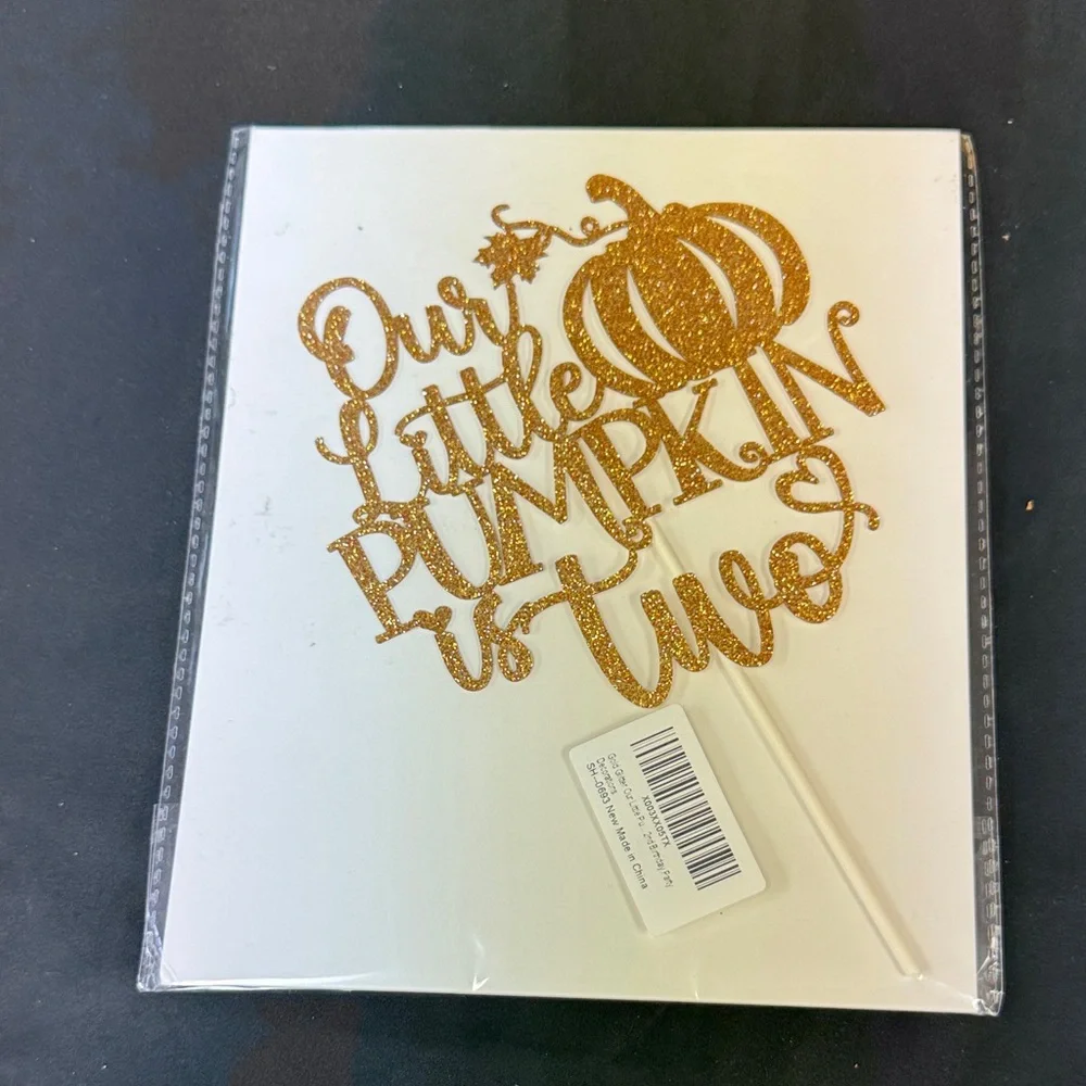 Gold Glitter Pumpkin Cake Topper Our Little Pumpkin is Two cake topper gold